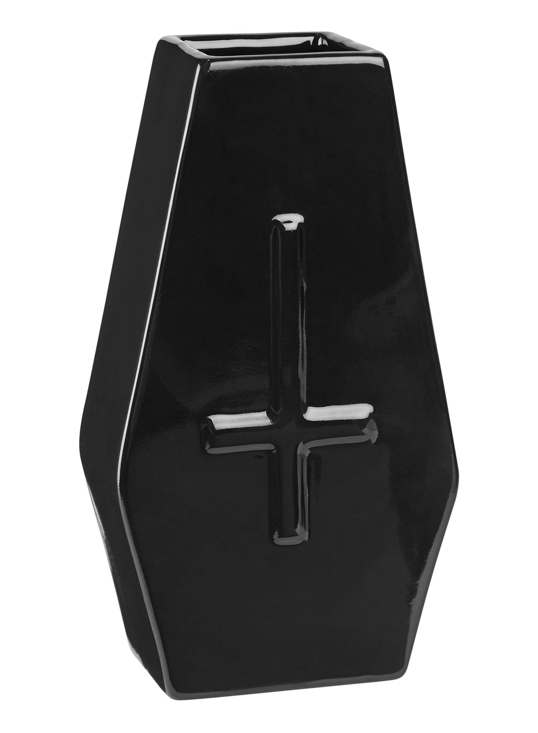 Kiste, stor vase fra Killstar. Keramikvase med blank sort overflade og korsdetaljer. Lavet af 100% keramik.