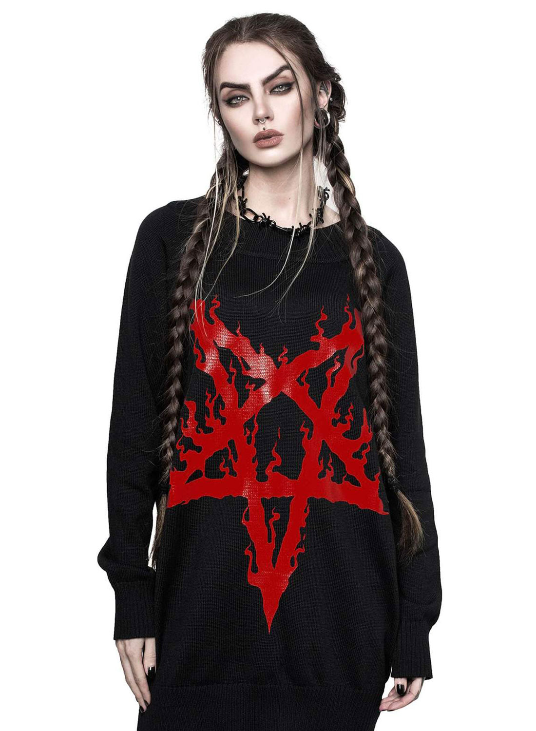 Killstar Bloodpact Sweater. Sort striktrøje med stort rødt pentagram-lignende print foran fra Killstar.