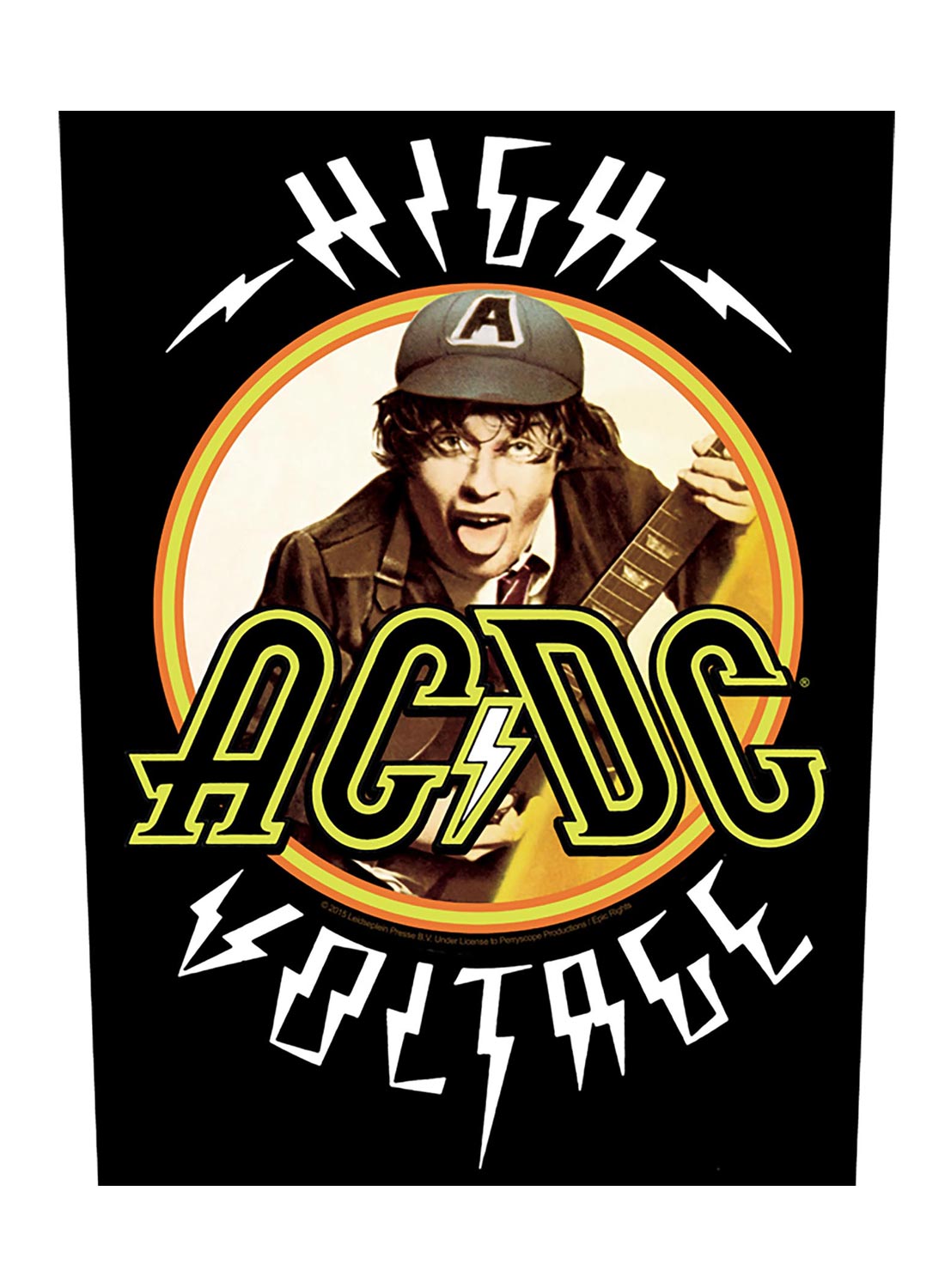 AC/DC High Voltage-rygpatch med Angus Young-motiv og klassisk bandlogo.