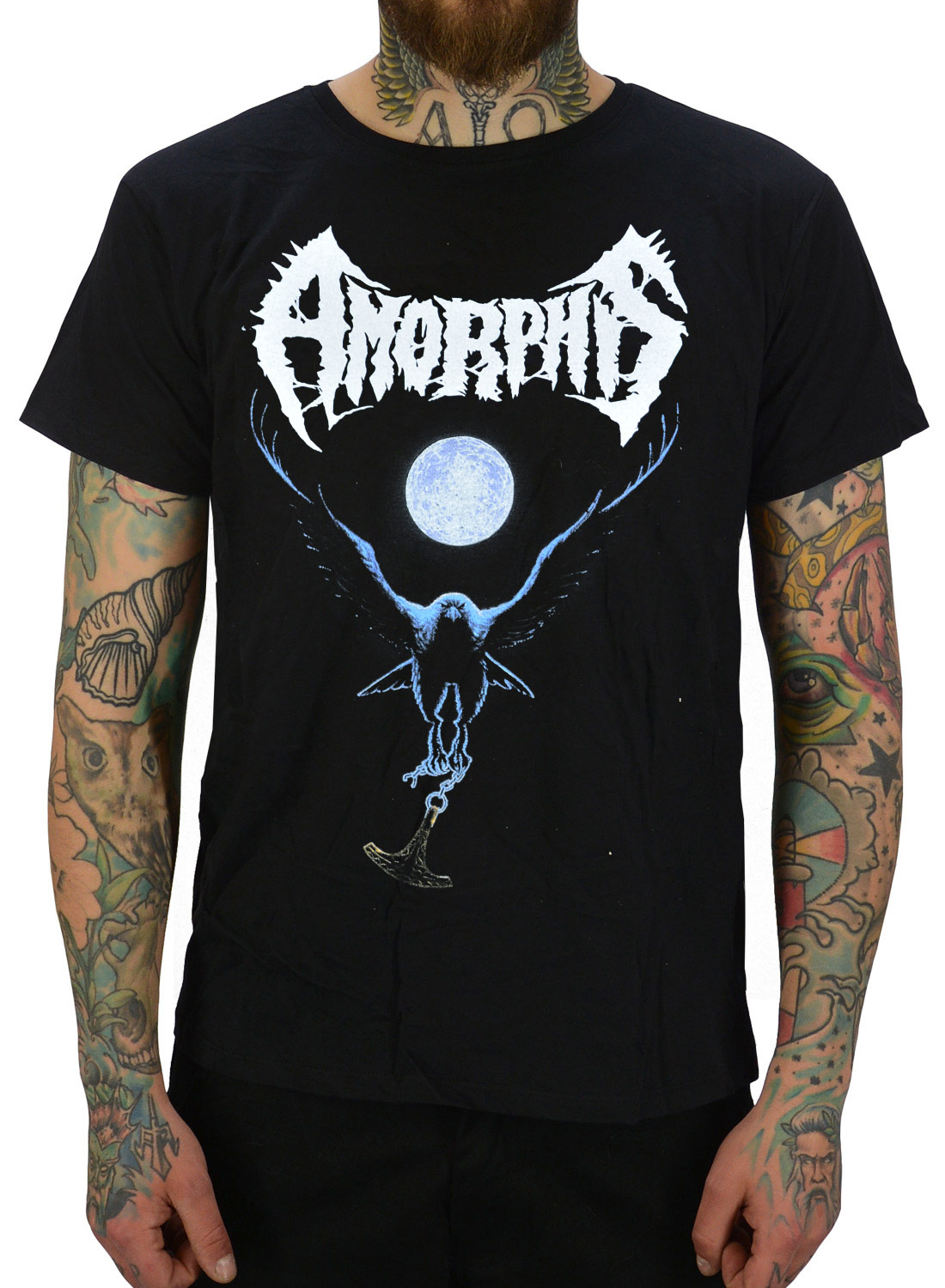 Amorphis Black Winter Day T-Shirt. sort med tryk af fugl og fuldmåne i blå og hvid.