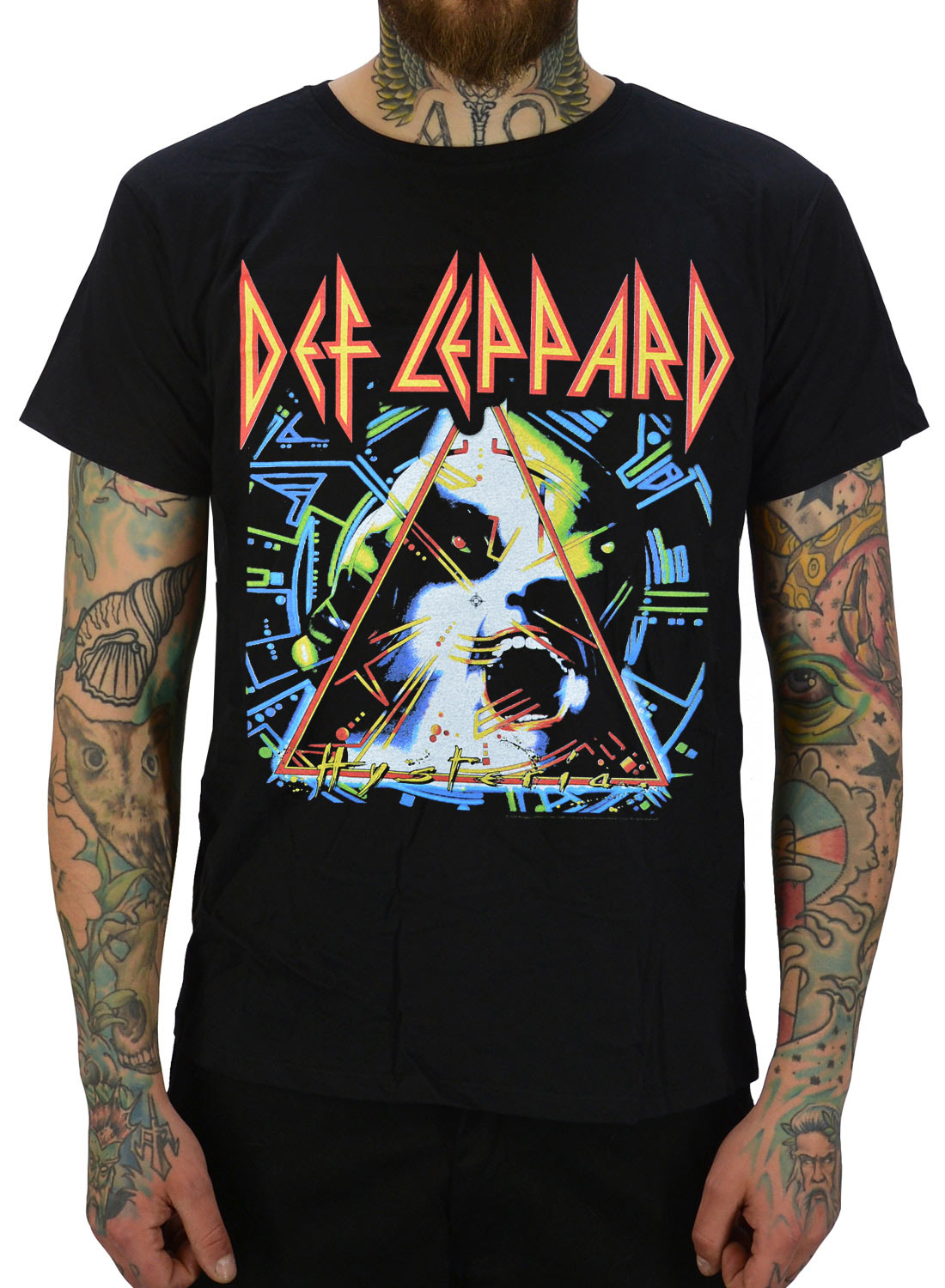 Def Leppard Hysteria T-shirt, sort med Hysteria motiv og farverigt print foran.