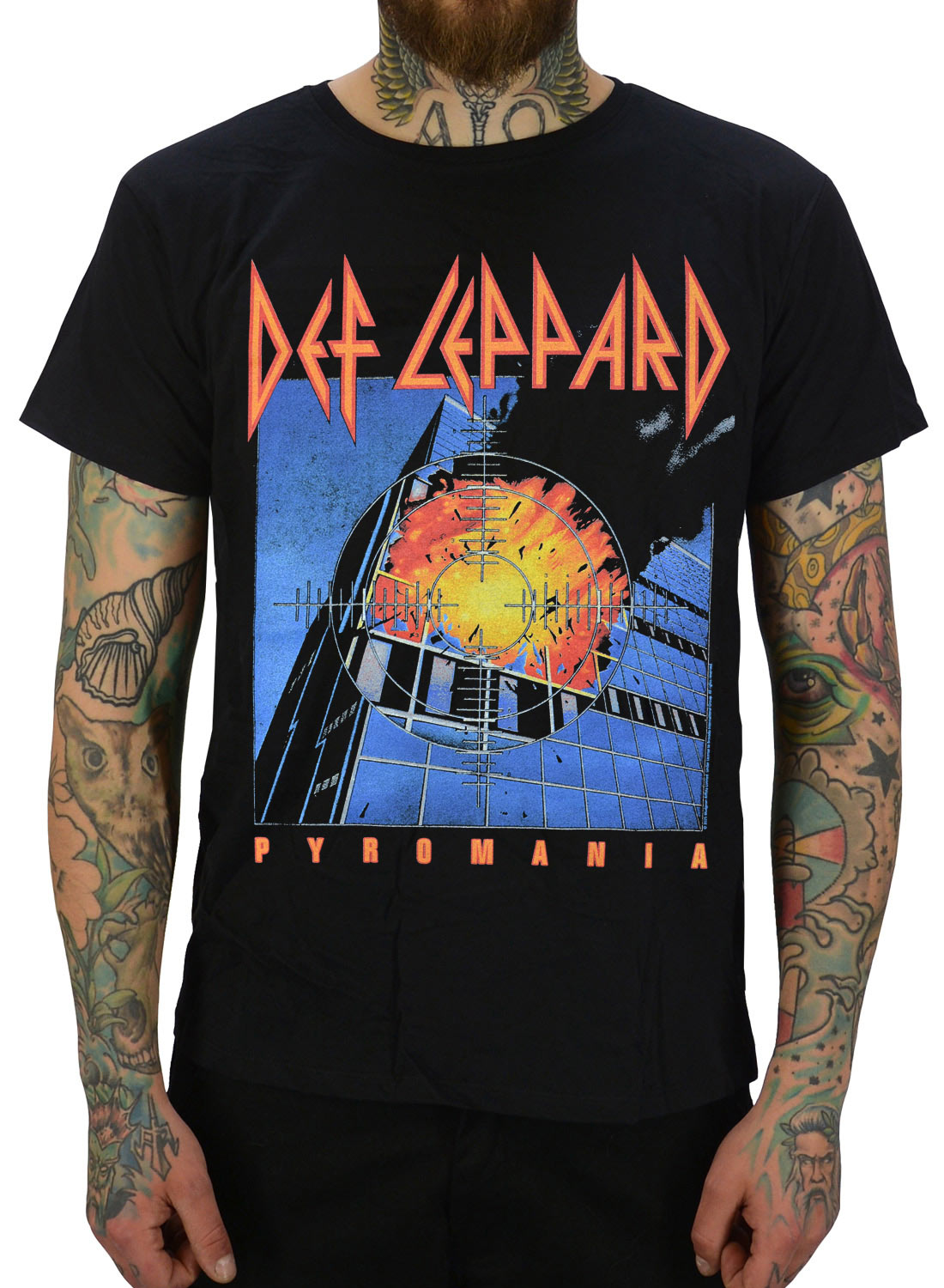 Def Leppard Pyromania T-shirt, sort med Pyromania motiv og farverigt print med eksplosion og logo.