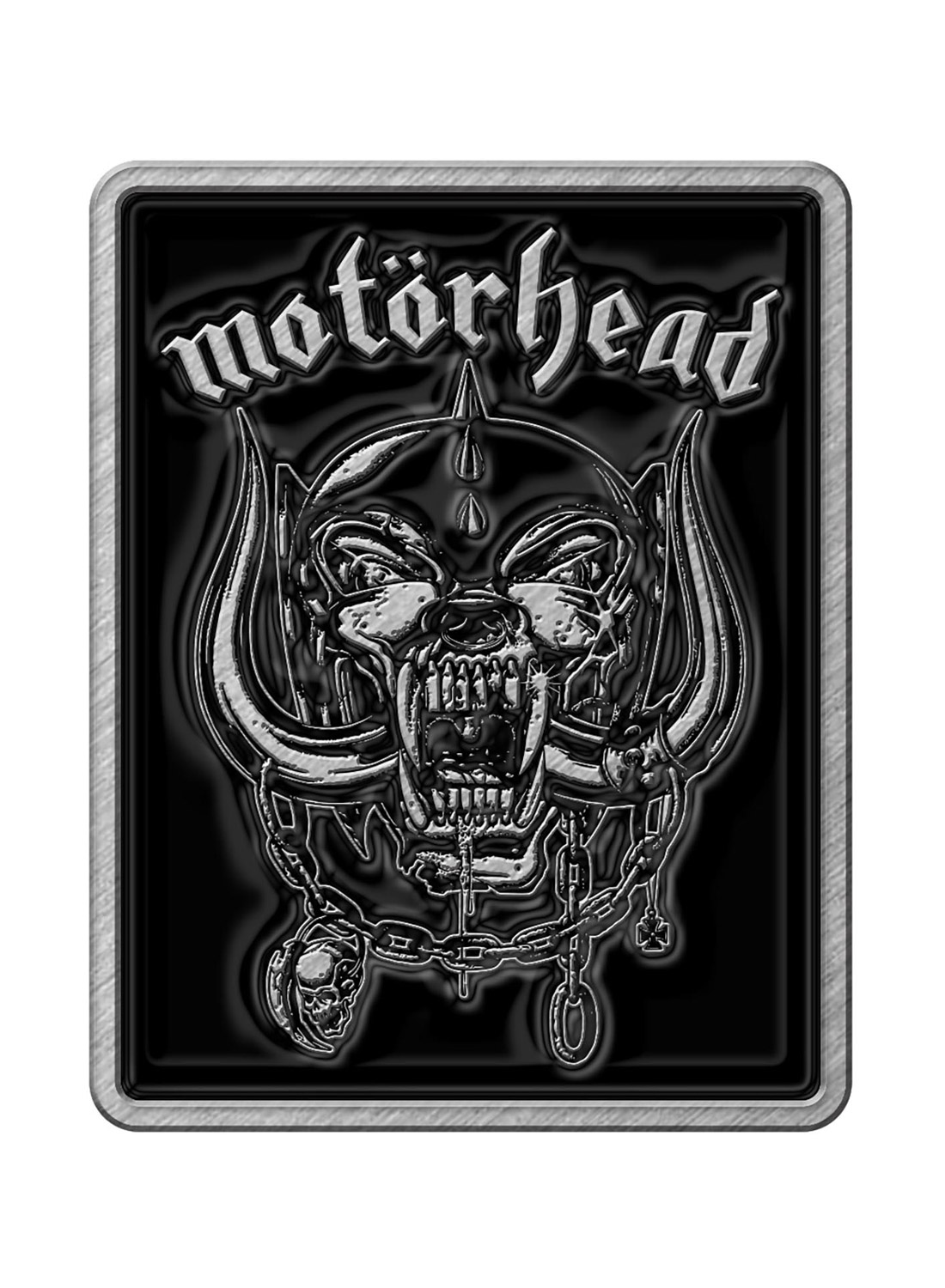 Motörhead-logo og metalnål med krigsgris