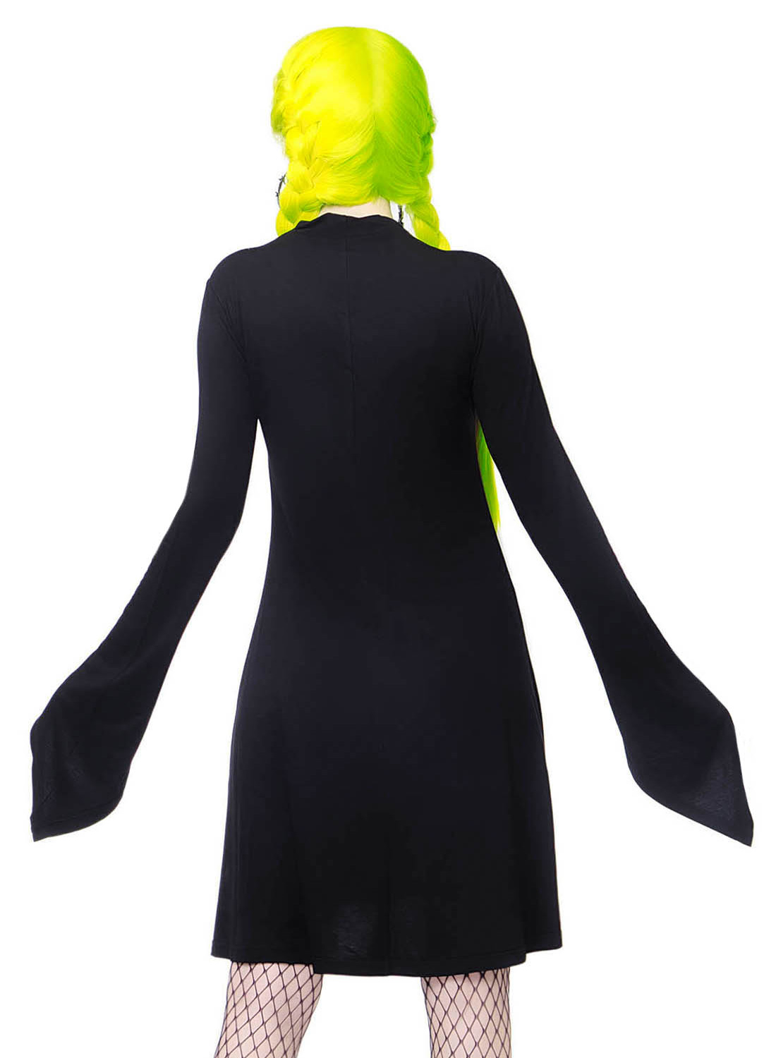 Killstar Charmstone kjole. Sort goth-kjole med lange udskårne ærmer og okkult print