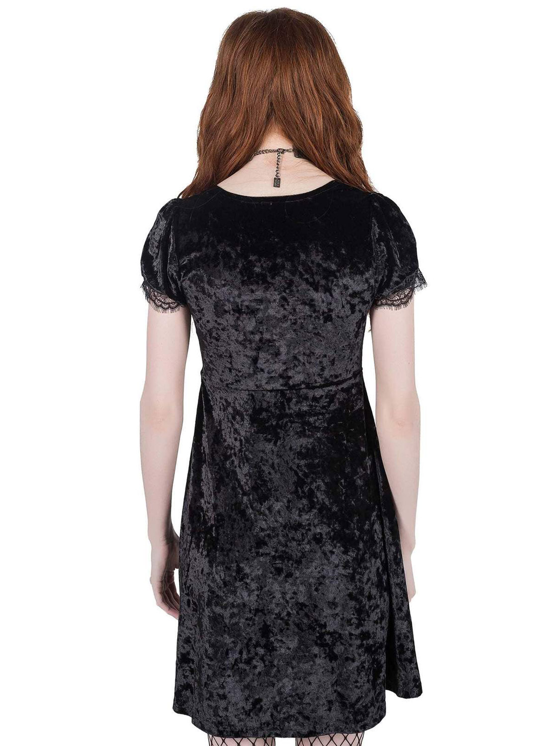 Killstar Kiss of Death kjole. Fløjlskjole med blondedetaljer, korte ærmer og udspilet nederdel i gotisk stil