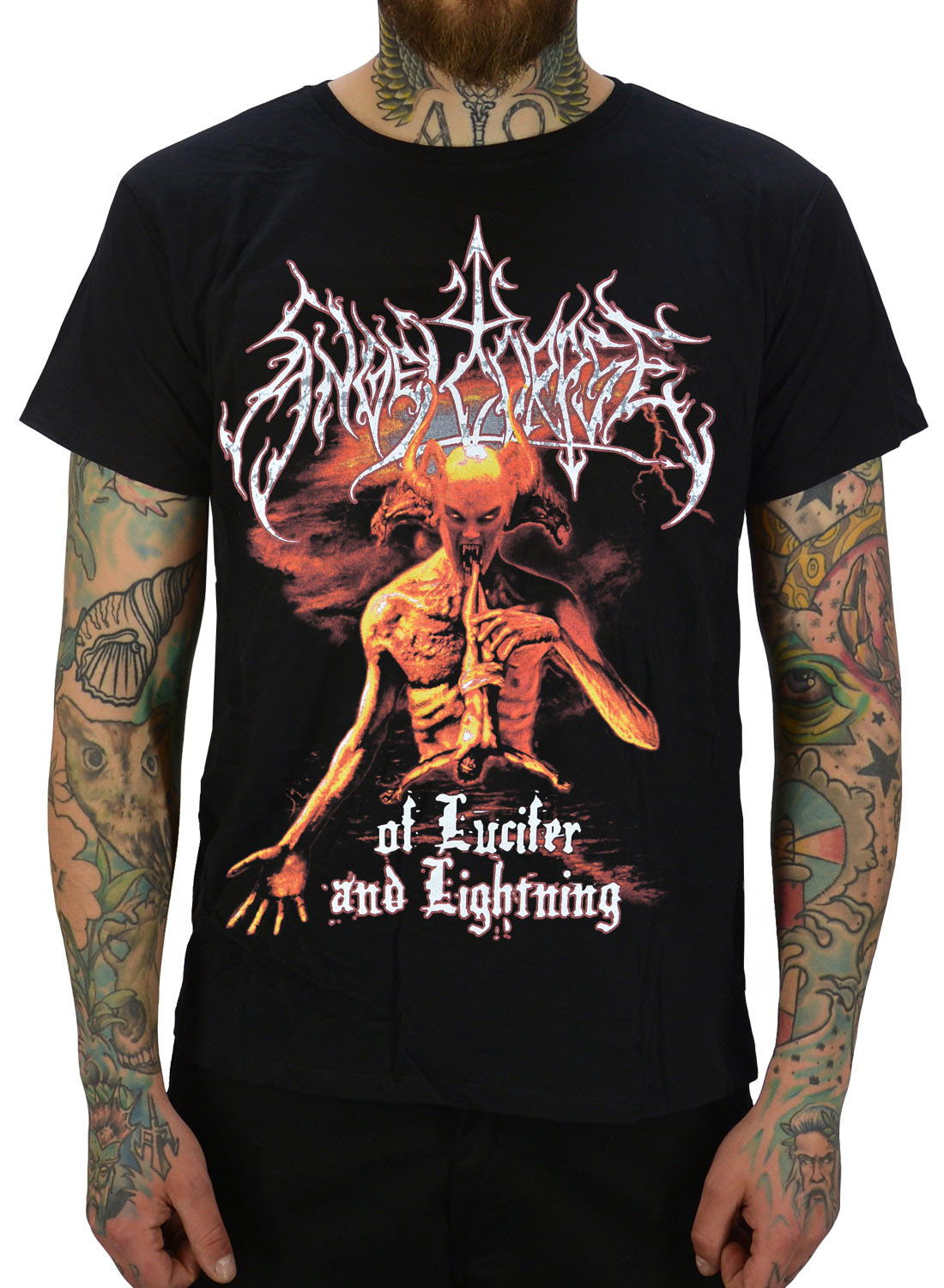 Angelcorpse Of Lucifer And Lightning T-Shirt Sort metal t-shirt med dæmon motiv i flammende farver og hvidt sort metal logo og teksten "of Lucifer and lightning" foran.
