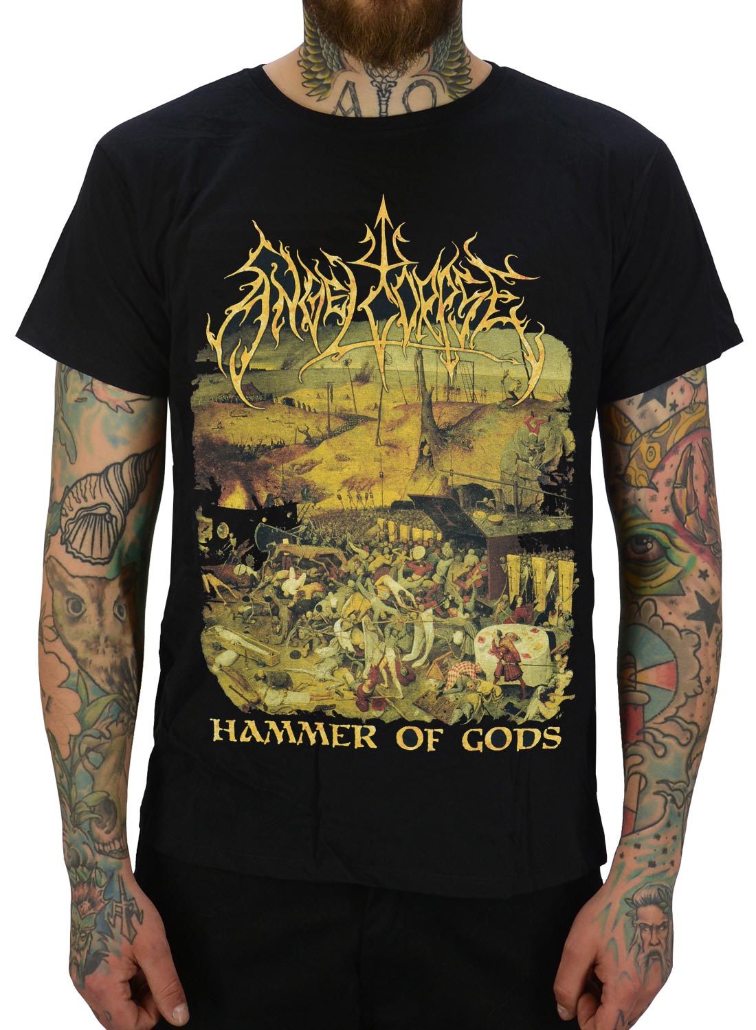 Angelcorpse Hammer of Gods T-shirt i sort med brutalt death metal-motiv. Perfekt bandskjorte til fans af ekstrem metal, koncerter og streetwear