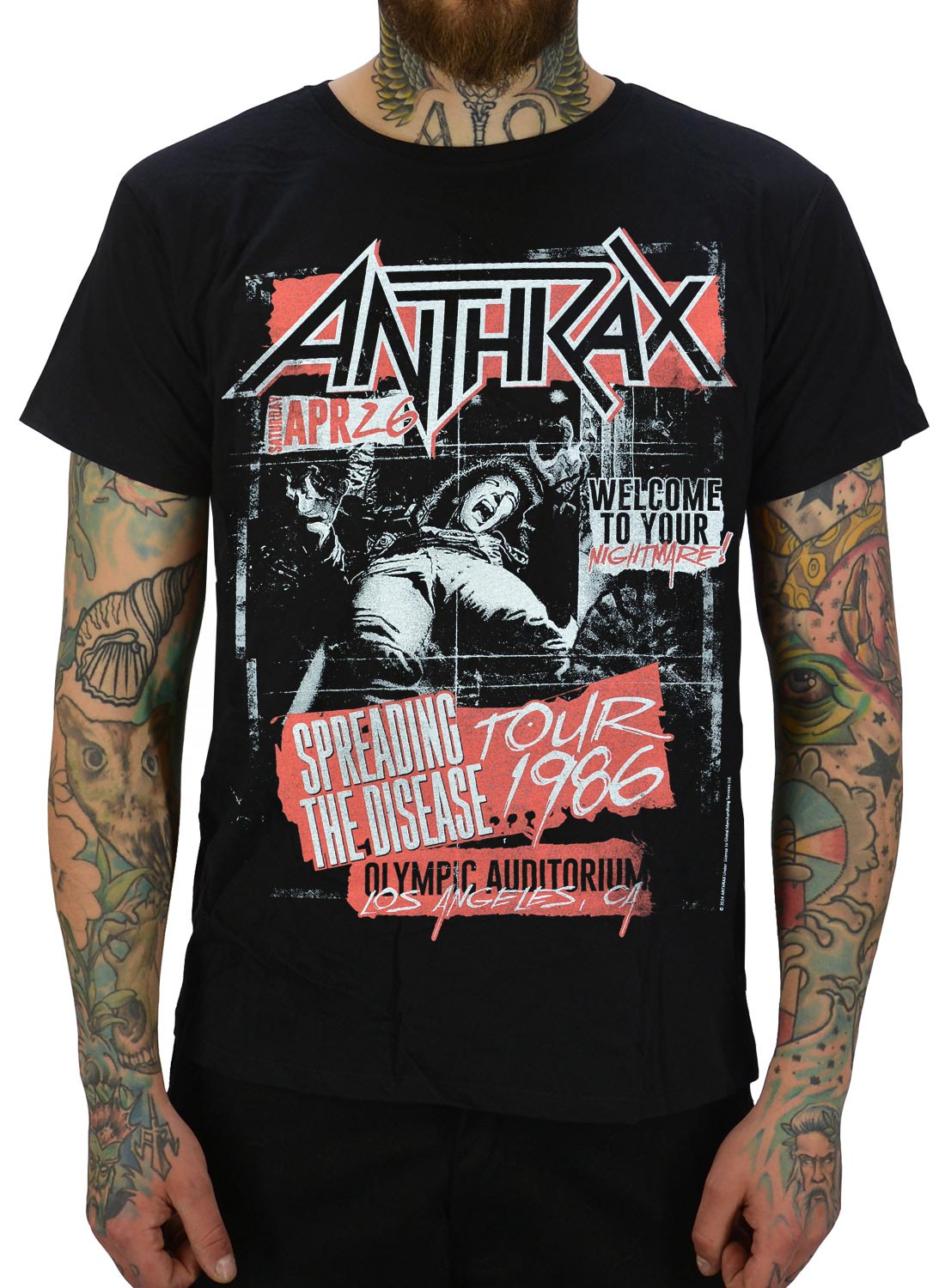 Sort Anthrax t-shirt med Spreading the Disease Tour 1986 print og retro rock motiv i rød og hvid
