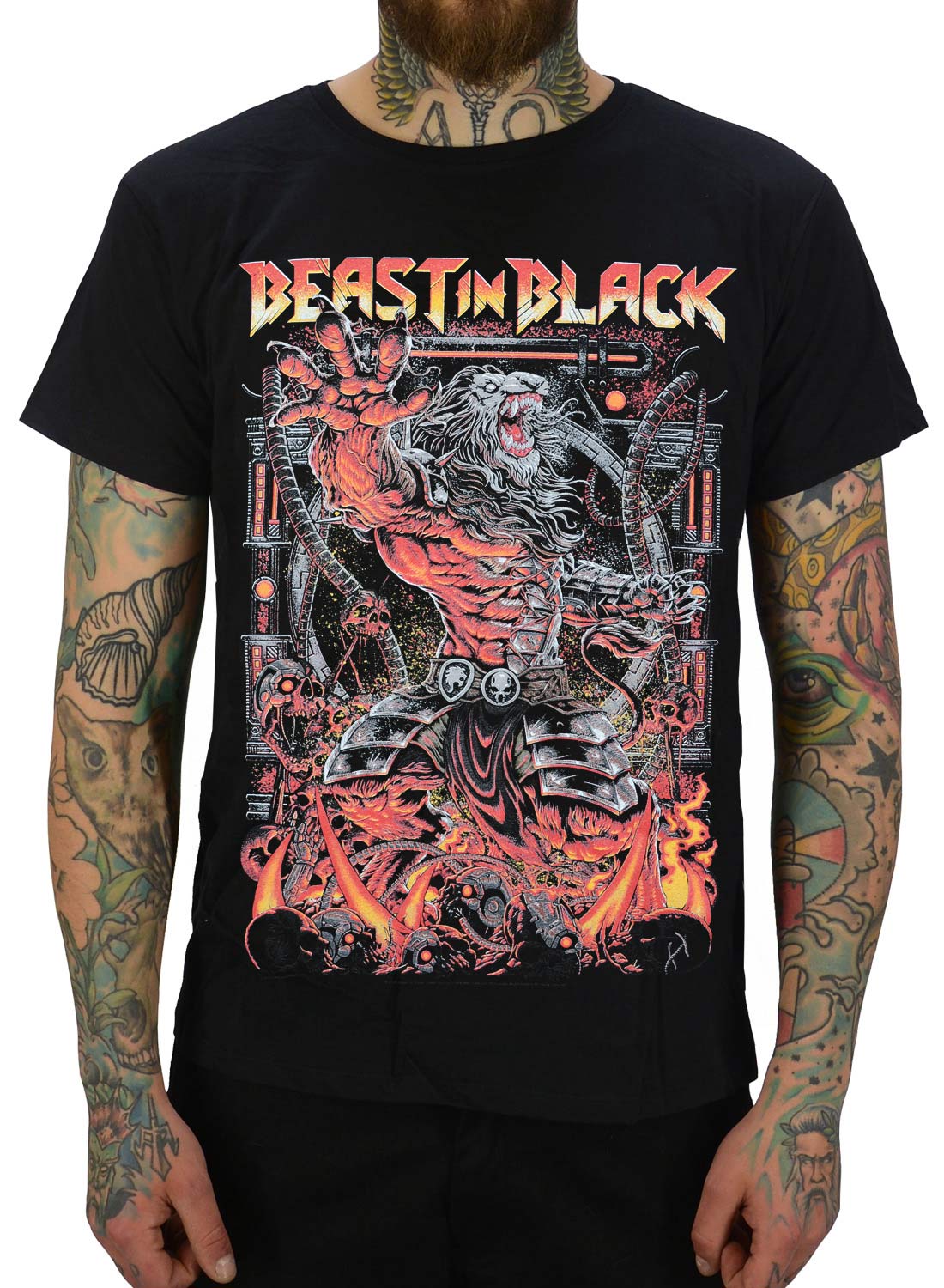 Beast In Black Power Of The Beast T-shirt, sort med farverigt motiv af futuristisk monster og logo foran.
