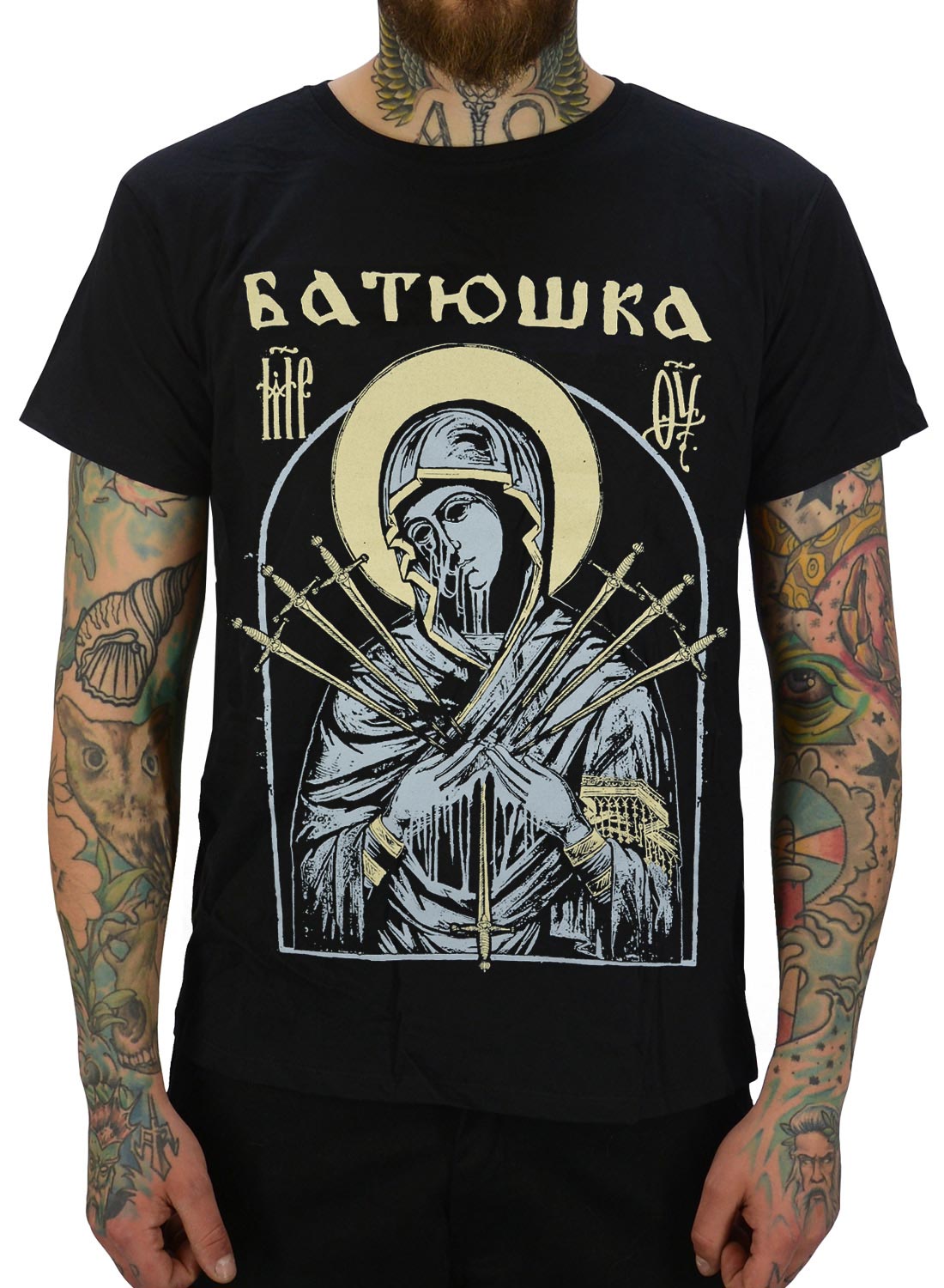 Batushka Marry Dagger T-shirt. Sort med religiøst motiv og dolke foran.