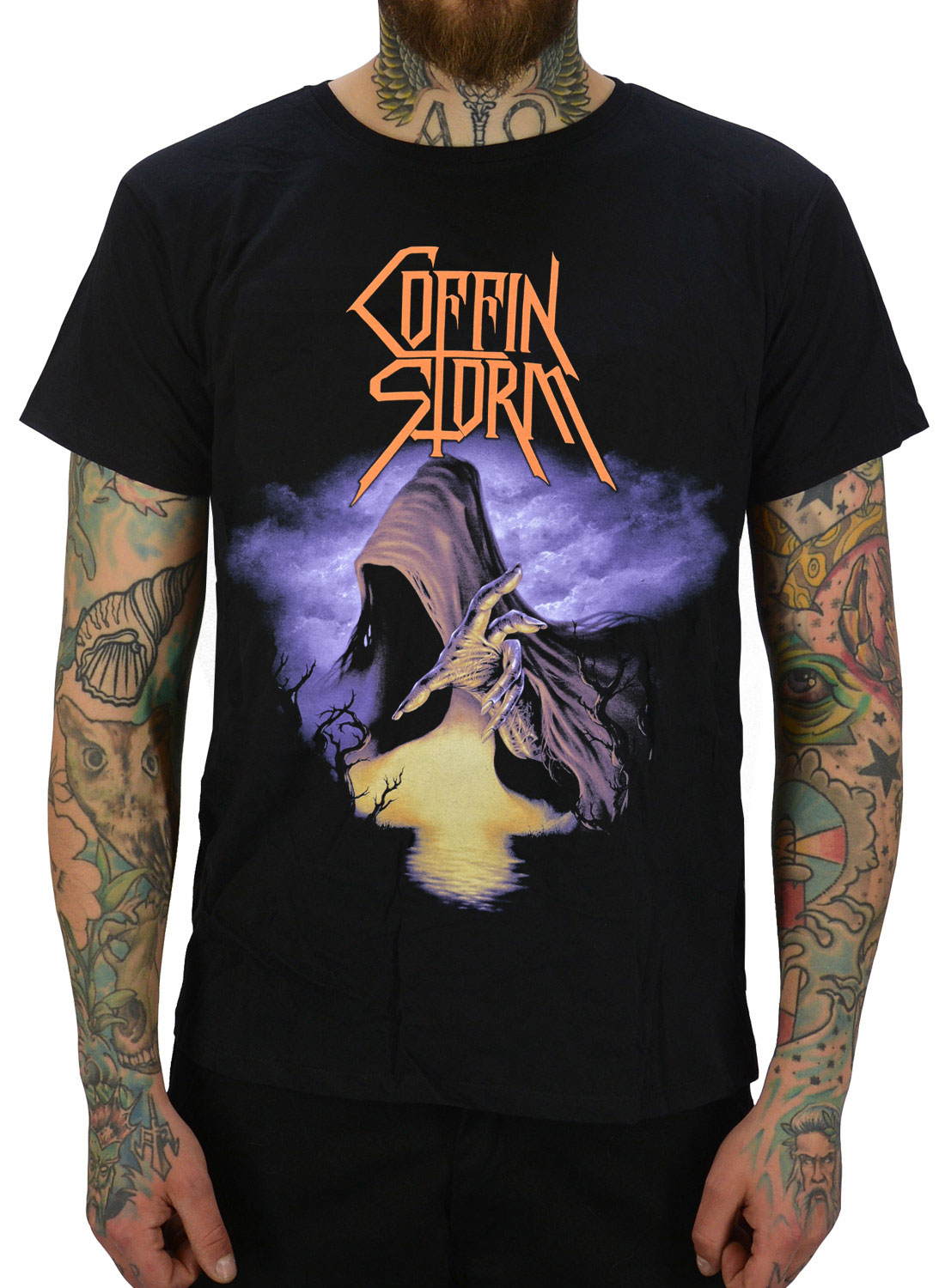 Coffin Storm Arcana Risung T-shirt. Sort Coffin Storm t-shirt med Arcana Rising-motiv og mørkt metaldesign.