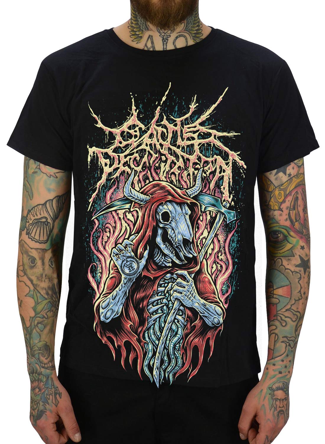 Kvæg Halshugningsmand Ramirez T-shirt. Black Cattle Decapitation t-shirt med Reaper Ramirez motiv i brutalt death metal design.