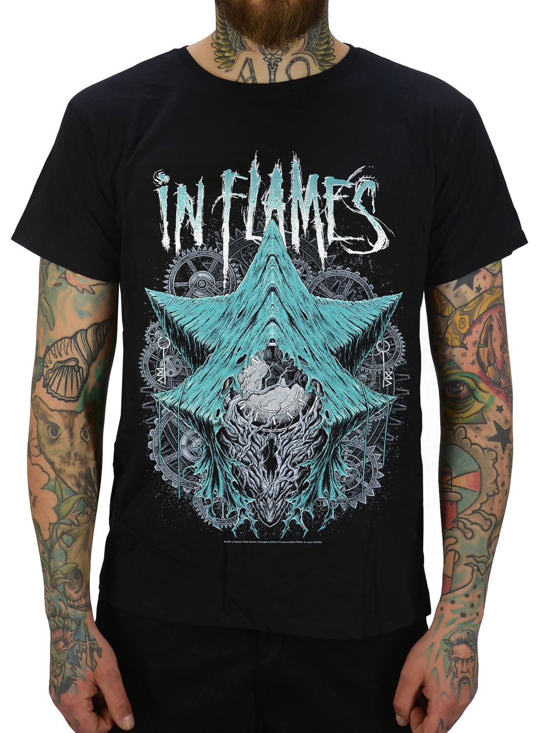 In Flames The Wheel Turns T-shirt, med turkis abstrakt motiv og bandlogo i metal stil.