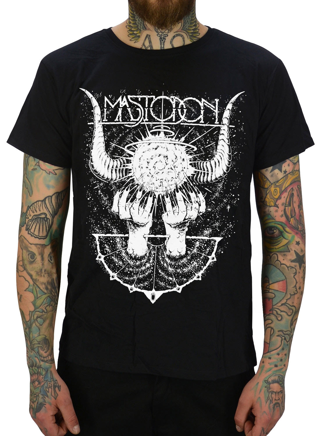 Mastodon Horns T-shirt, med hvidt grafisk motiv og abstrakt metaldesign.