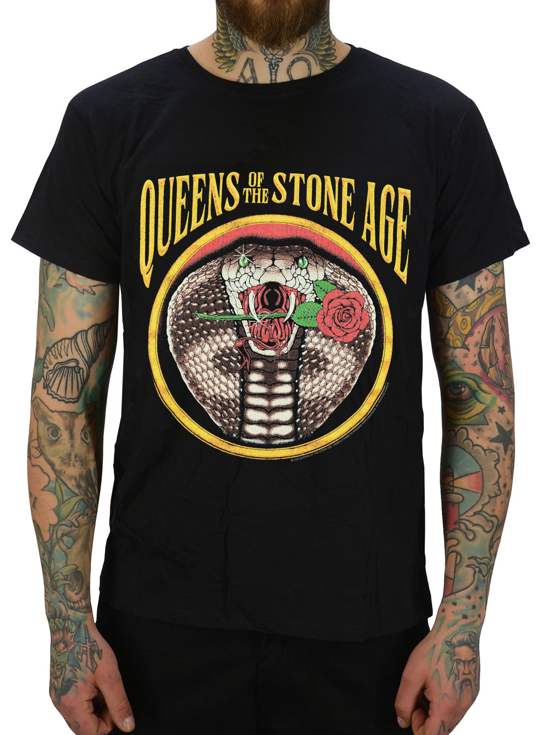 Queens Of The Stone Age Cobra T-shirt sort med slange- og rosemotiv og båndlogo foran.