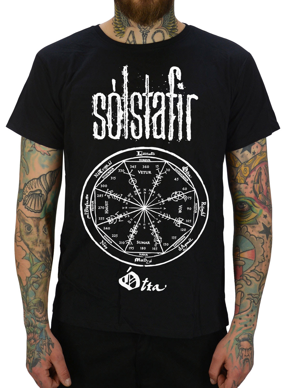 Solstafir Otta T-Shirt sort med runeinspireret kompasmotiv og båndlogo.