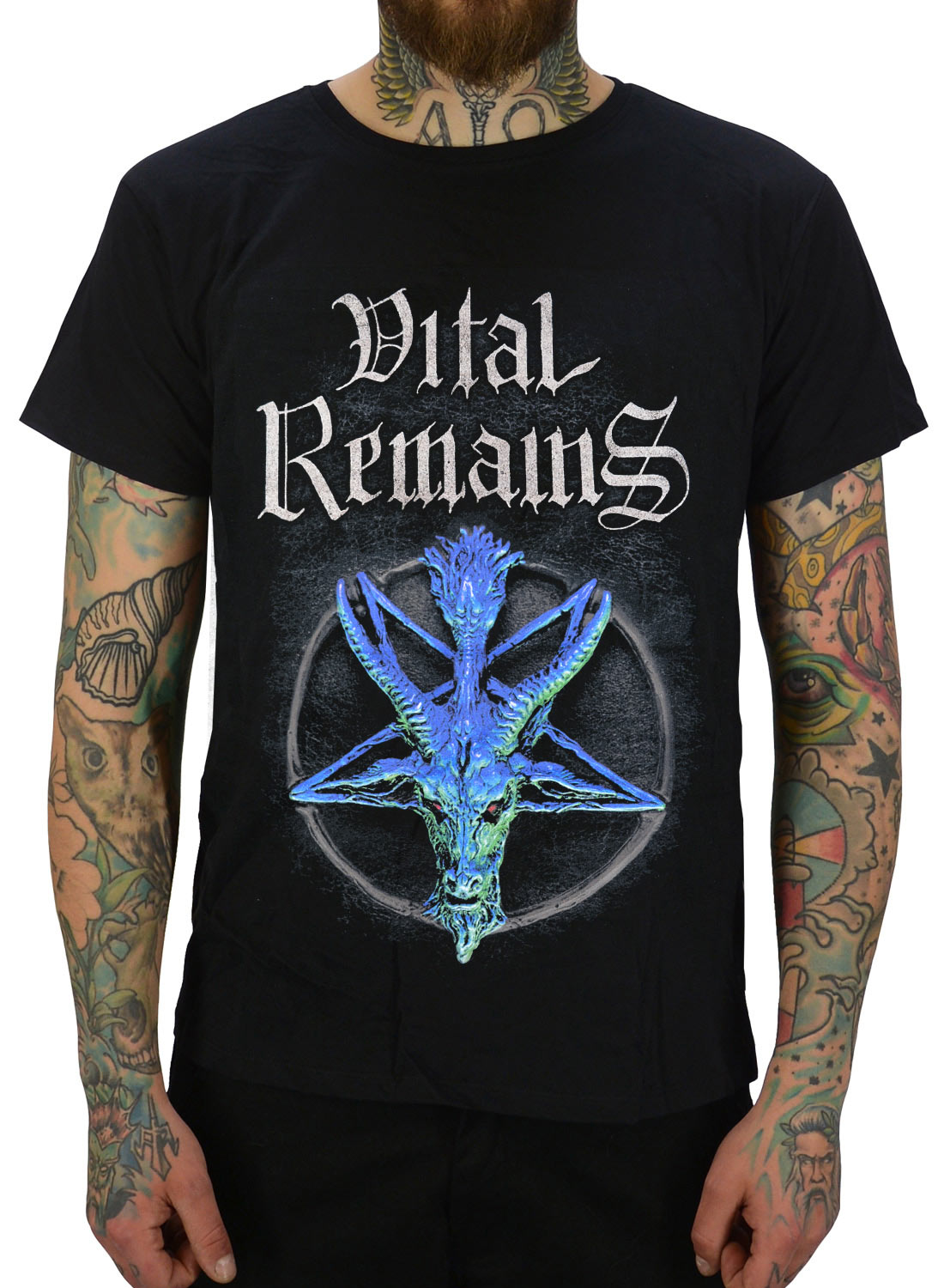 Vital Remains T-shirt Forever Underground sort med pentagram og gedemotiv i blå toner.