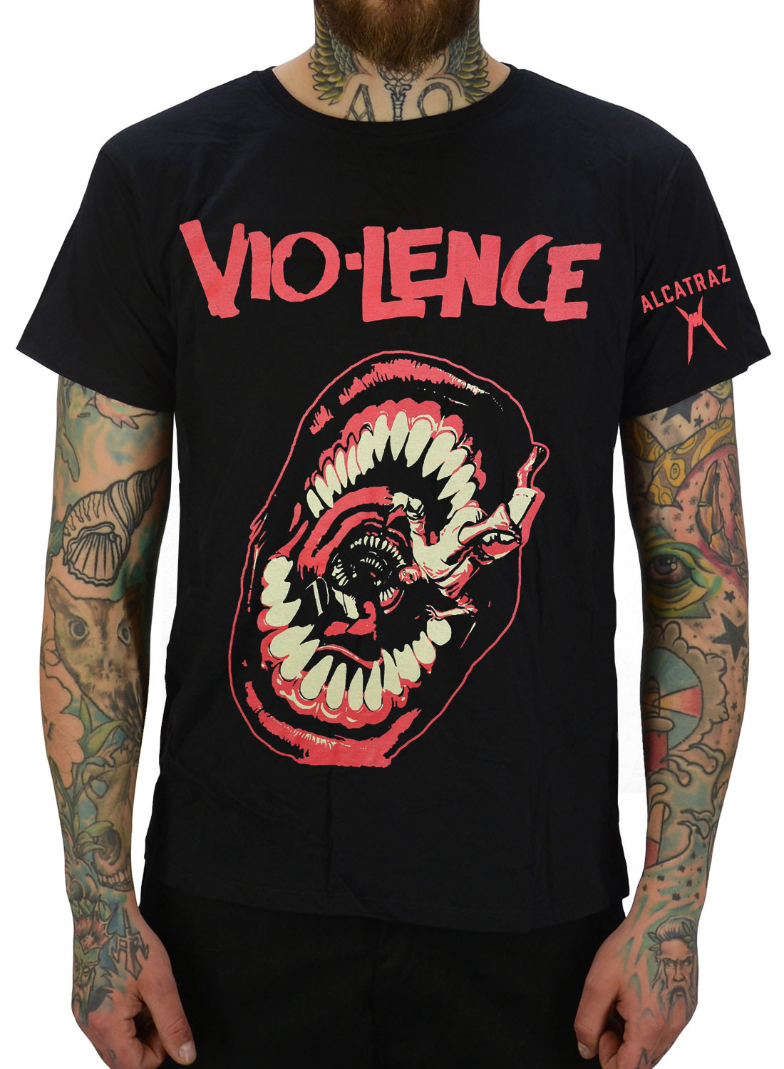 Vio-Lence T-shirt Head Stomping Boots sort med rødt motiv af åben mund og båndlogo.