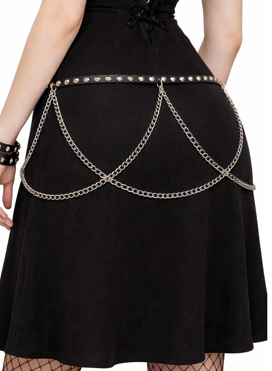 1 Row Con Studbelt Chain sort punk bælte med nitter og kæder rundt om taljen.