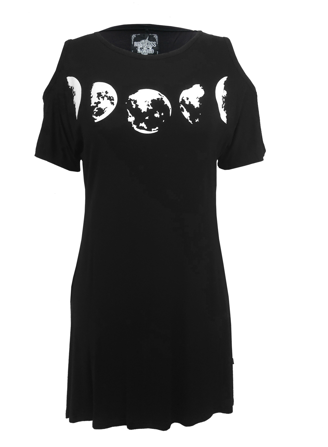 Moon Phase Topkjole med månefaseprint og kold skulderdesign.