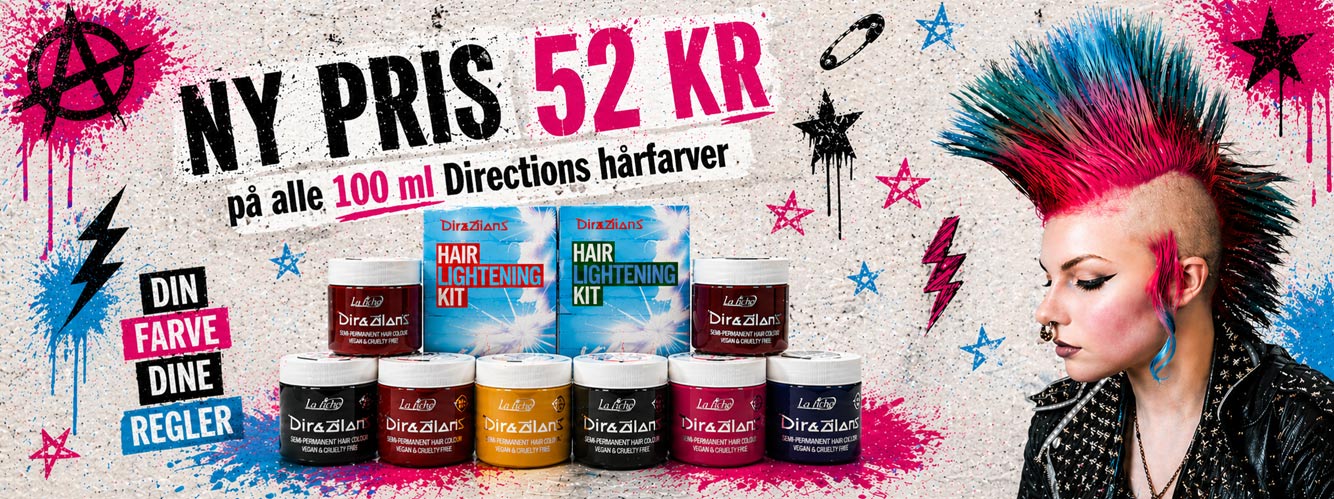 Reklamebillede for hårfarve, hvor en person med farverig hanekam i pink, turkis og sort vises ved siden af flere bøtter med semi-permanent hårfarve. Teksten angiver kampagnepris 52 kr på 100 ml Directions hårfarver.