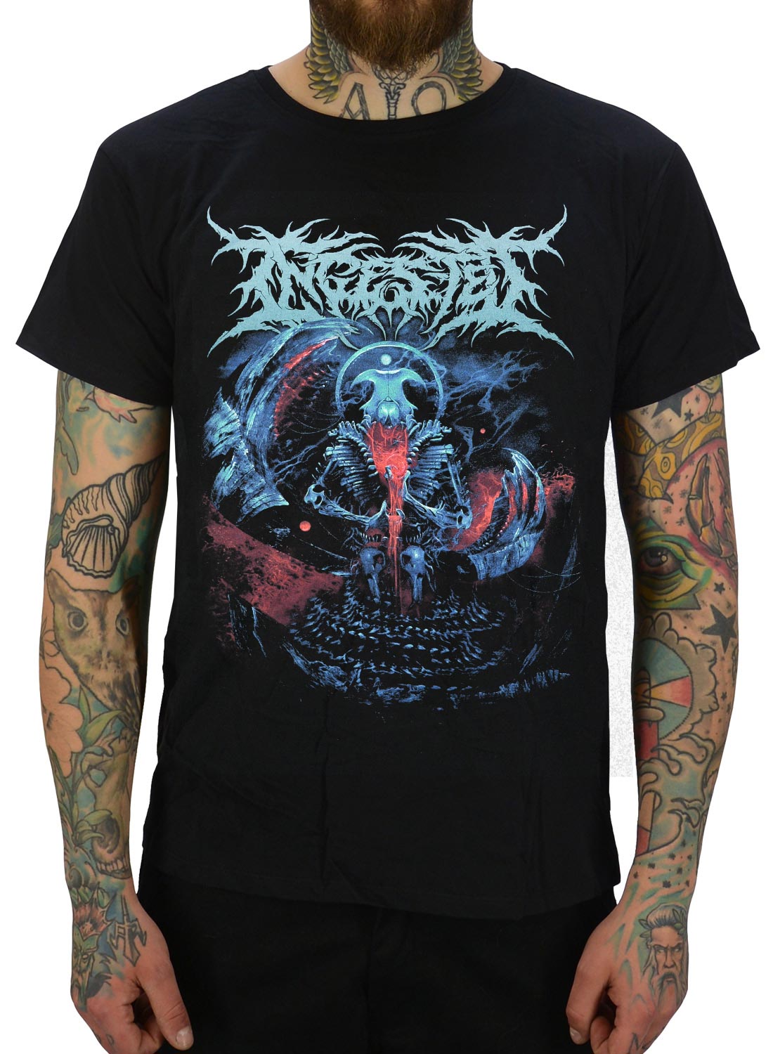 Sort Ingested T-shirt med brutalt death metal-motiv i blå og røde toner, der repræsenterer skeletter og mørkt fantasidesign.