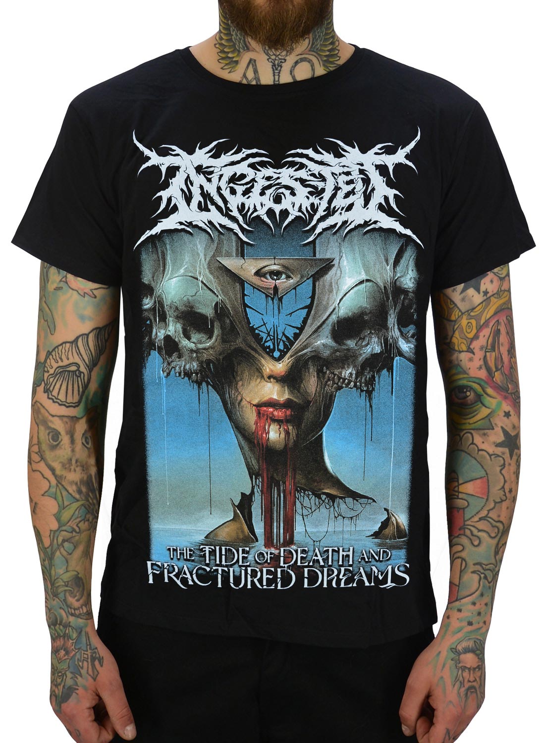 Indtaget T-shirt sort med death metal motiv med kranier, øje og blodigt design.
