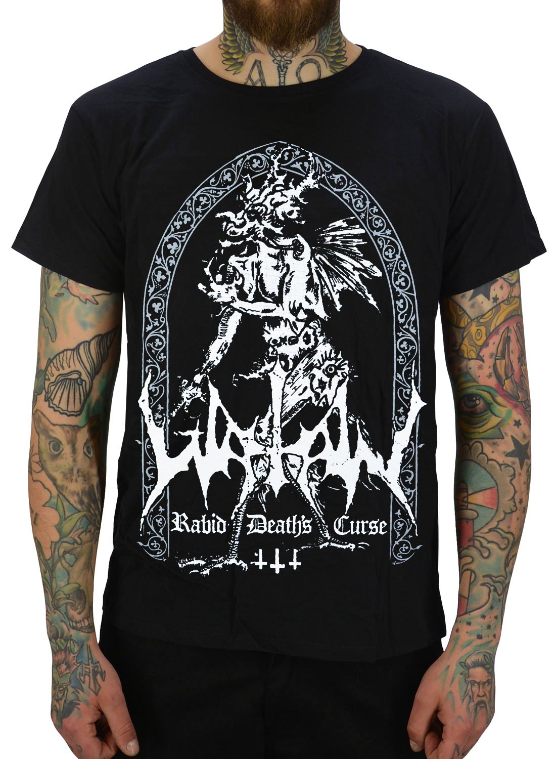 Watain T-shirt sort med Rabid Deaths Curse-motiv og dæmonisk sort metaldesign.
