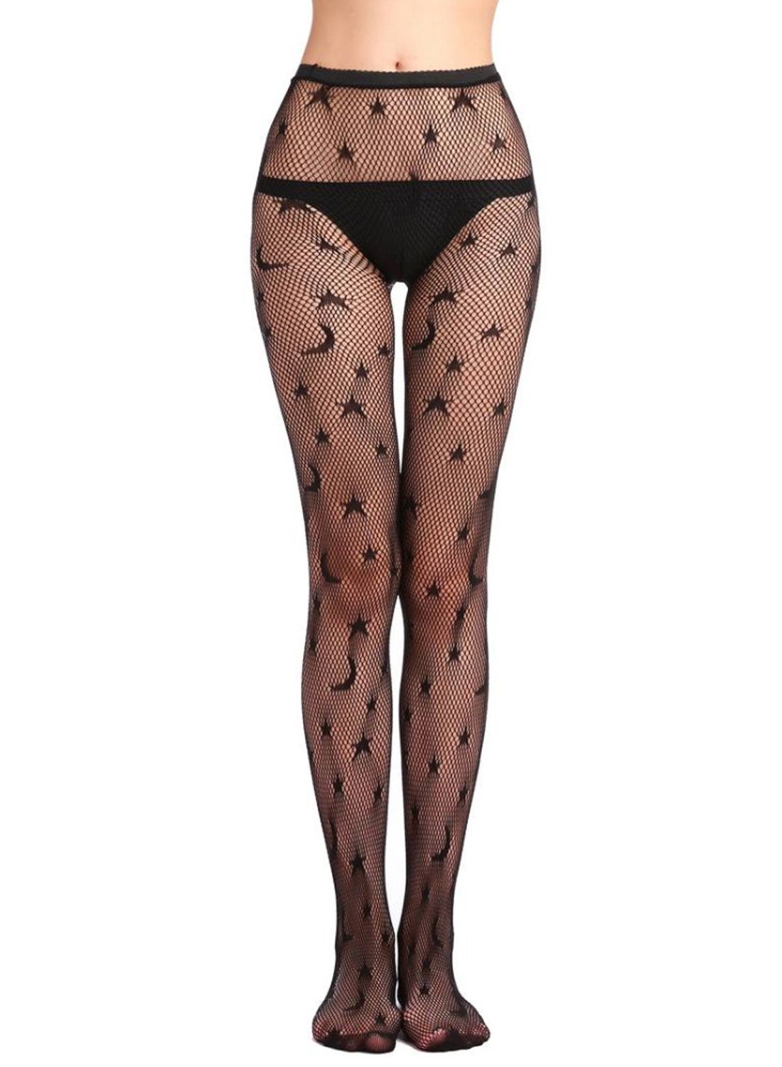Sorte nettights med stjerner og måner, høj talje og gotisk nattehimmeldesign.