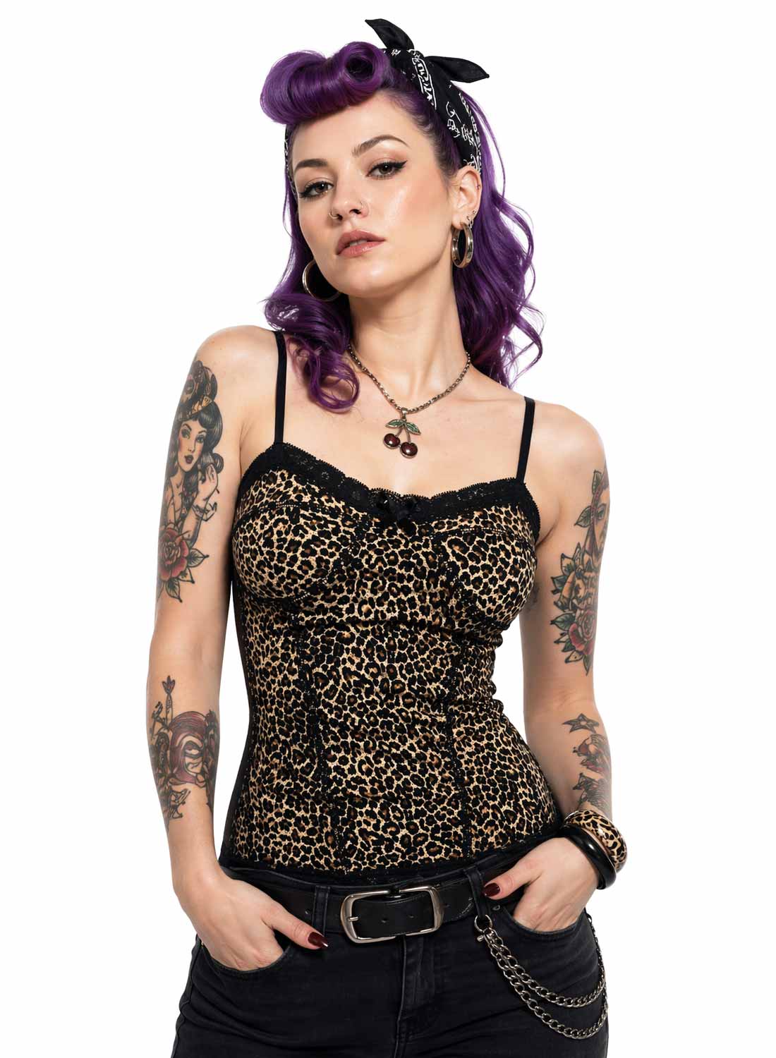 Leopardprint bustier-top med smalle skulderstropper, set forfra, edgy retrostil