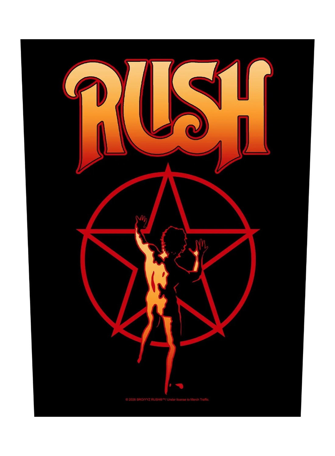 Rygpatch med Rush-logo over det klassiske Starman-motiv i rød og orange mod sort baggrund.