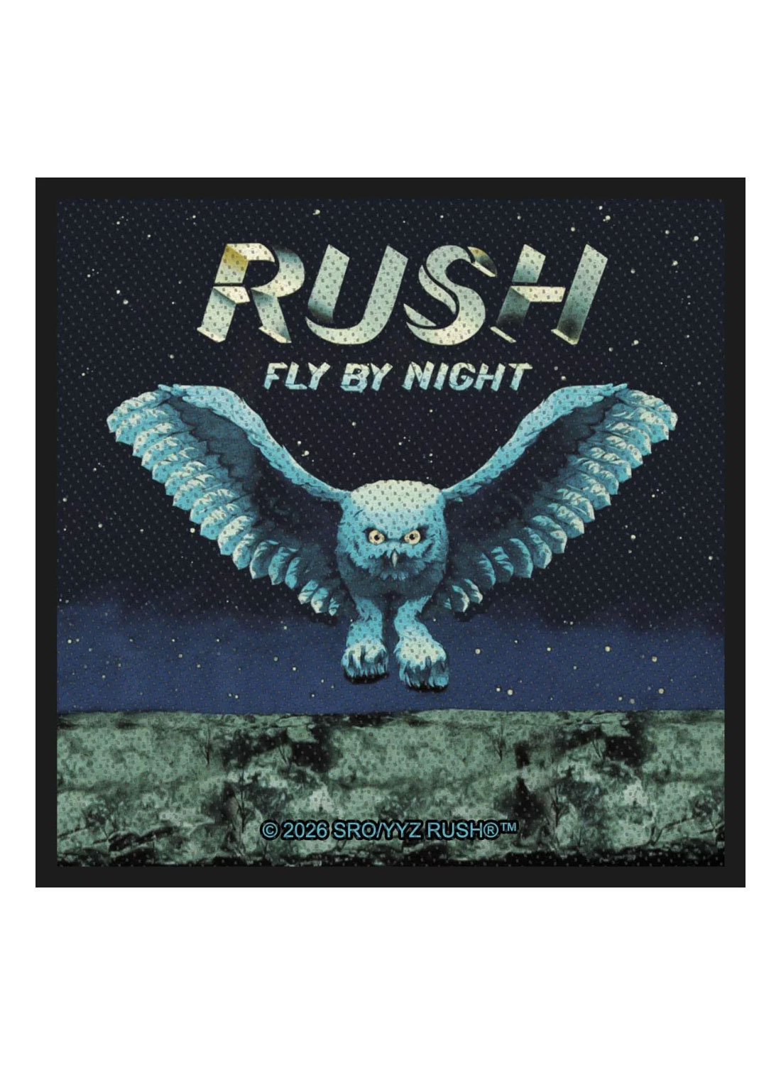 Patch med stort uglemotiv og teksten "Rush – Fly By Night" mod en stjerneklar nattehimmel.