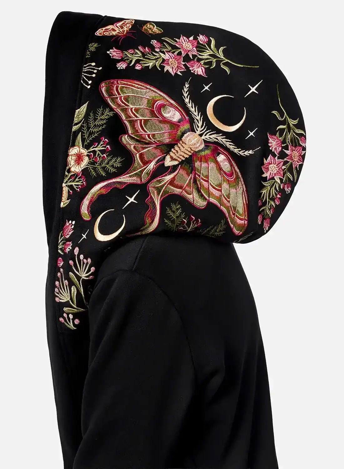Restyle Wilderwood Hoodie - Sort gotisk hættetrøje med broderede Luna Moth, måner og skovblomster