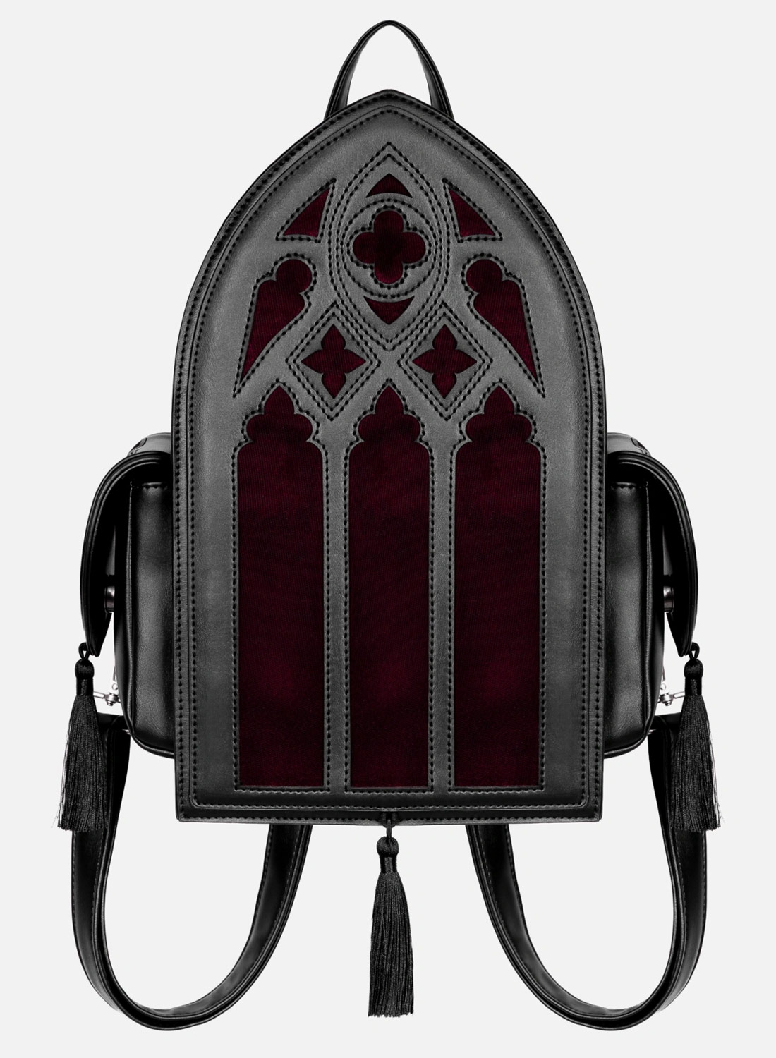 Restyle Rubrum Lux gotisk rygsæk med bordeaux fløjl og katedraldesign