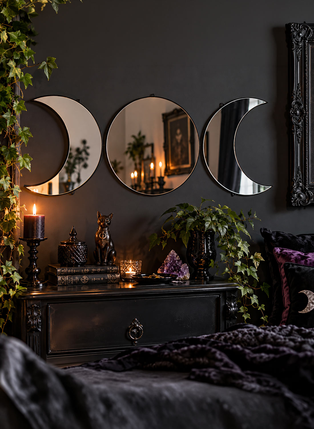 Goddess Moon Mirror - dekorativt gotisk vægspejl med tre månefaser, to halvmåner og en rund fuldmåne i midten.