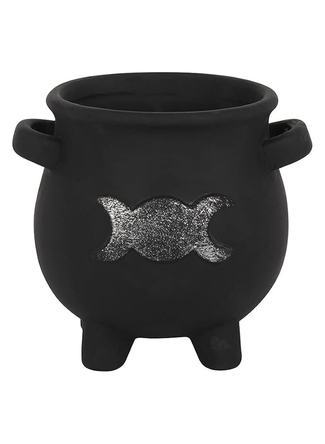 Goddess Cauldron Planter Pot - sort gotisk urtepotte i form af en heksekedel med sølv tredobbelt måne, små hanke og grønne planter.