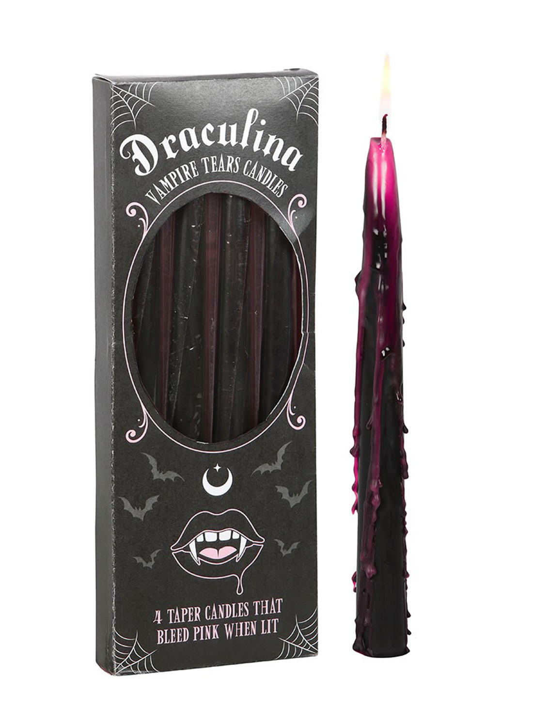 Pink Vampire Tears Candles - fire sorte gotiske vampyrlys, der smelter med pink voks, udstillet med emballage og tændt stearinlys.