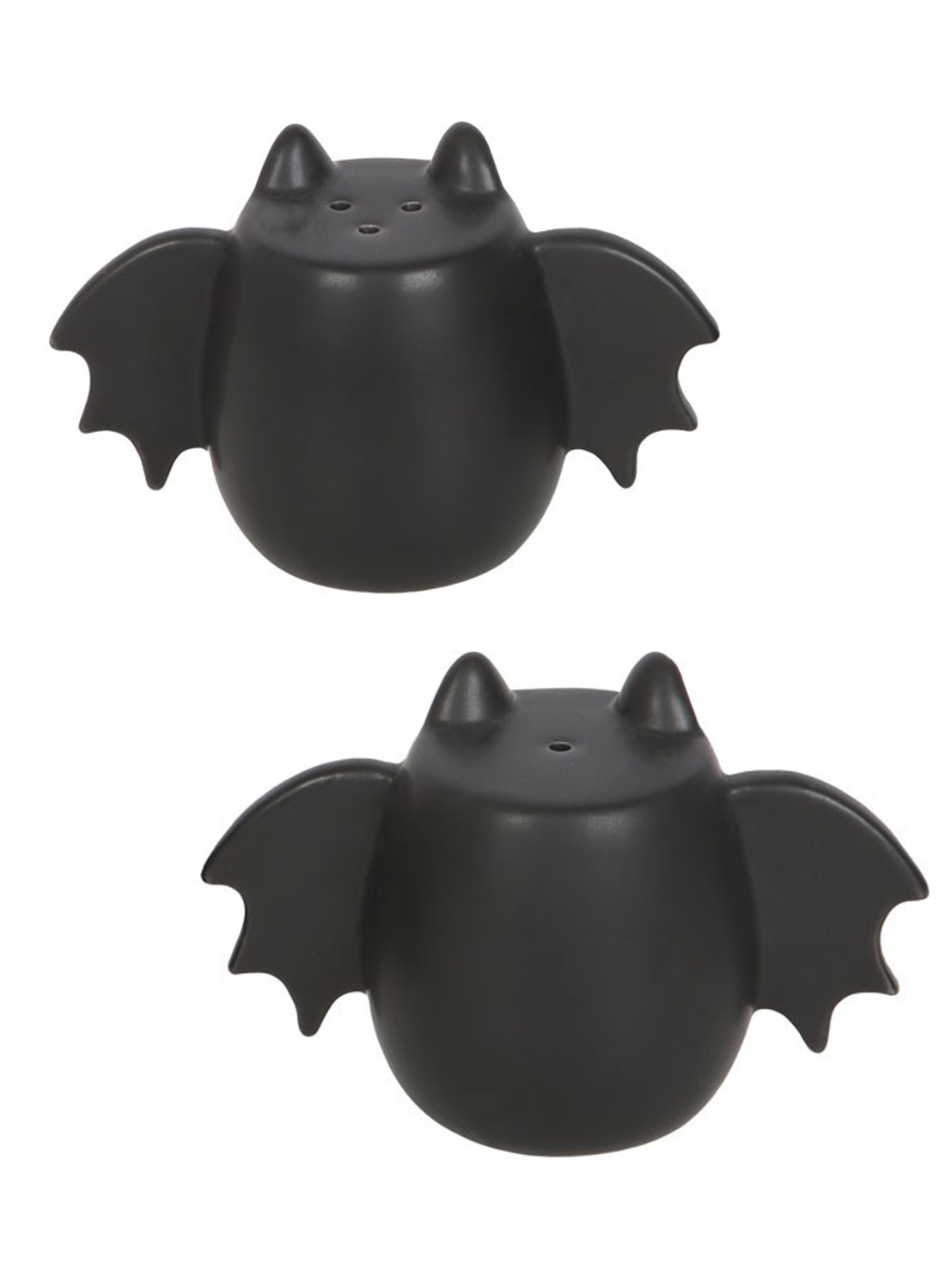 Bat Wing Salt and Pepper - to sorte salt og peber shakers formet som flagermus med udstrakte vinger, spidse ører og mat finish.