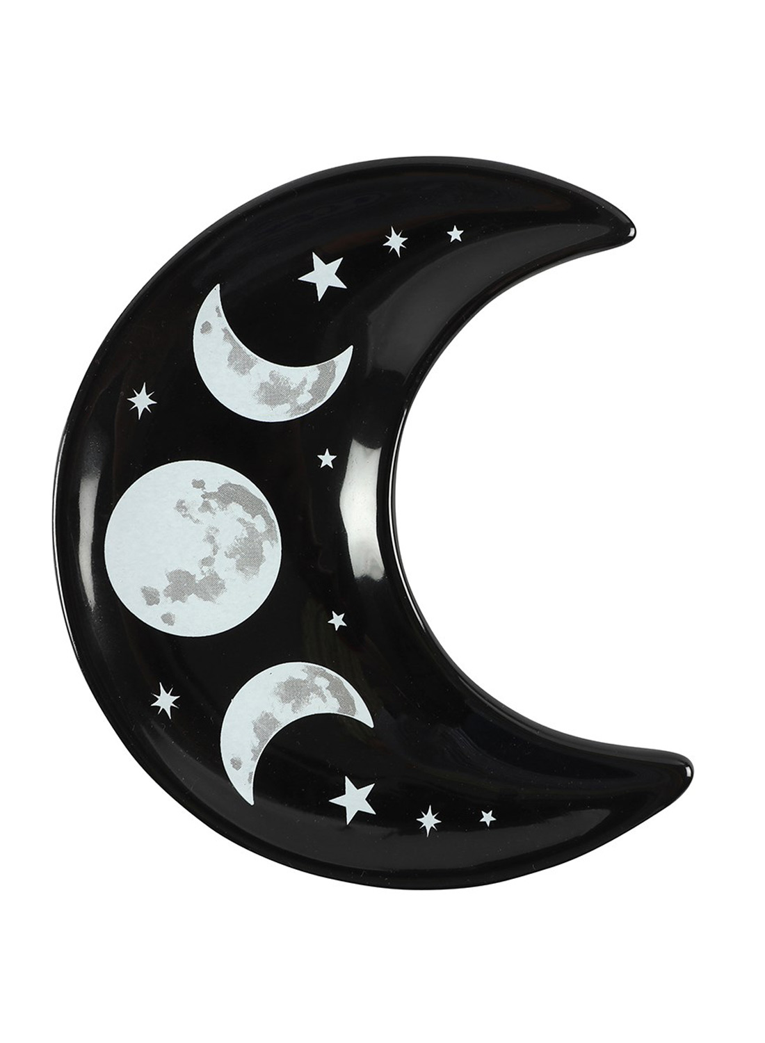 Cosmo Crescent Fad. Gotisk smykkefad i keramik formet som en halvmåne med tredobbelt månesymbol. Perfekt til ringe, smykker og hekseagtig indretning.