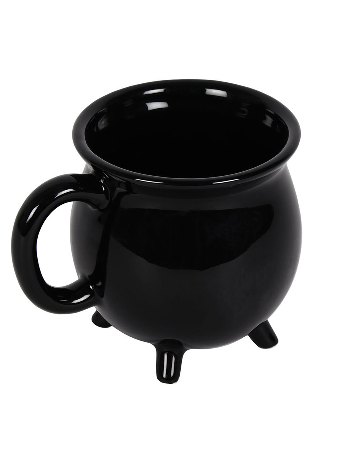 Black Cauldron Mug – sort blank krus i form af en heksekedel med rundt hank, bred åbning og tre små ben mod hvid baggrund.