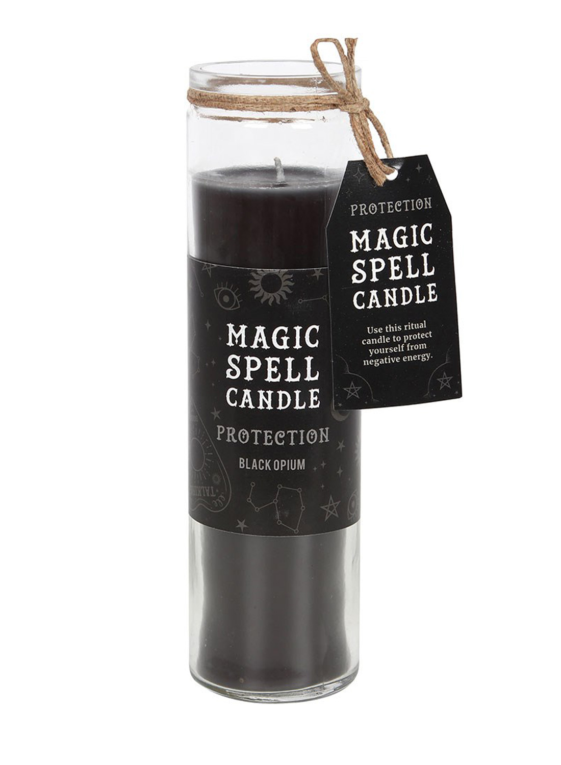 Magic Spell Candle Opium - sort glas duftlys med beskyttelsesmærke, magiske symboler og en brændetid på op til cirka 70 timer.