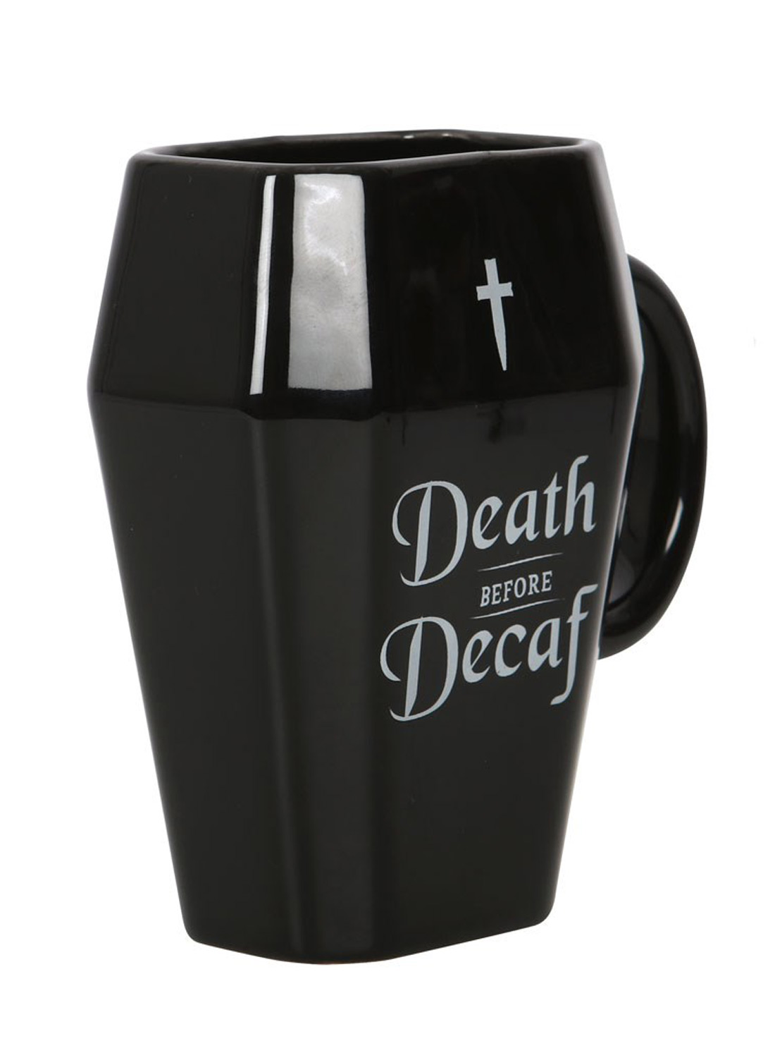 Death Before Decaf Coffin Mug - sort blank kaffekrus formet som en kiste med et hvidt kryds, Death Before Decaf print og stort håndtag.