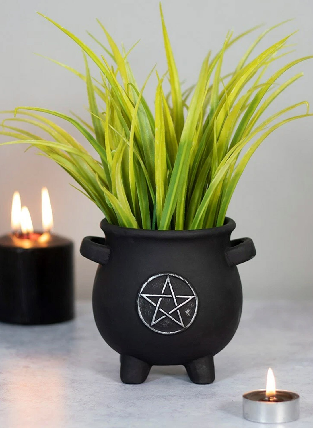 Penta Kedel Plantepotte - sort gotisk urtepotte formet som en heksekedel med sølvfarvet pentagram, grønne planter og små sidehåndtag.