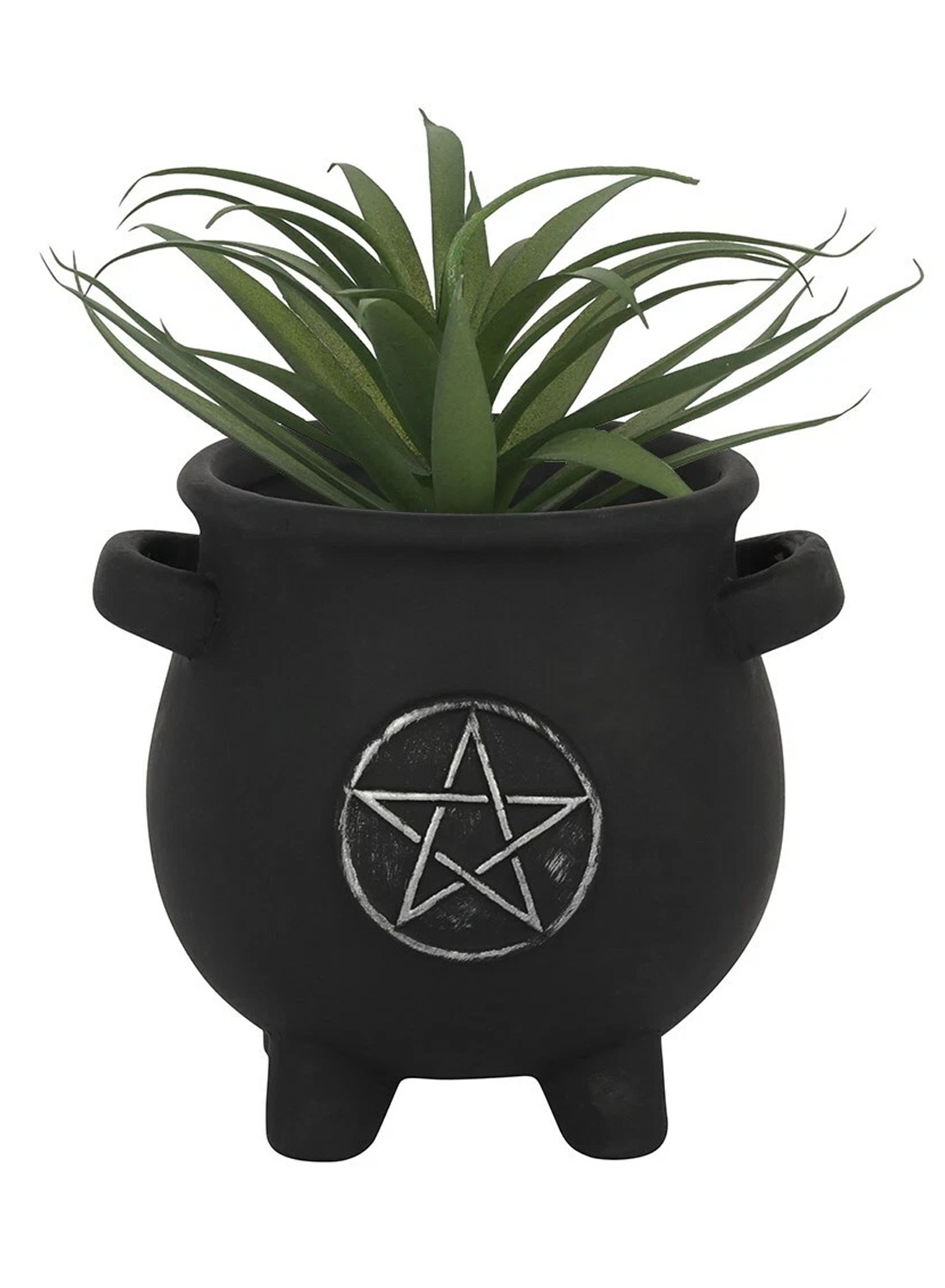 Penta Kedel Plantepotte - sort gotisk urtepotte formet som en heksekedel med sølvfarvet pentagram, grønne planter og små sidehåndtag.