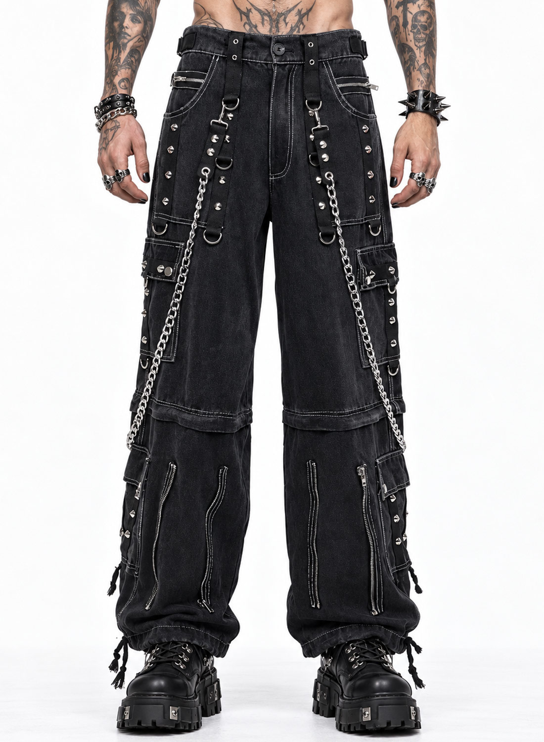 Fra The Abyss Pants Black - Sorte baggy gotiske denimbukser med metalkæder, nitter, stropper og aftagelige bukseben.
