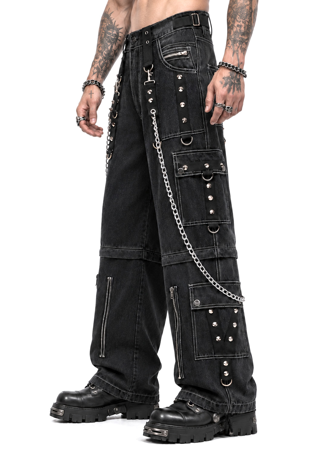 Fra The Abyss Pants Black - Sorte baggy gotiske denimbukser med metalkæder, nitter, stropper og aftagelige bukseben.