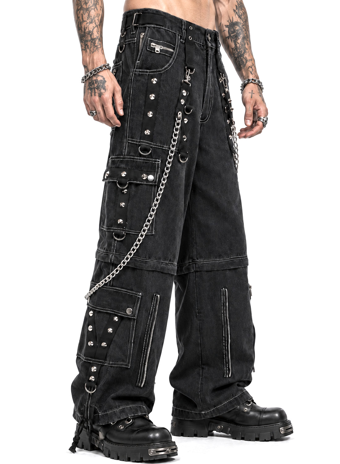 Fra The Abyss Pants Black - Sorte baggy gotiske denimbukser med metalkæder, nitter, stropper og aftagelige bukseben.