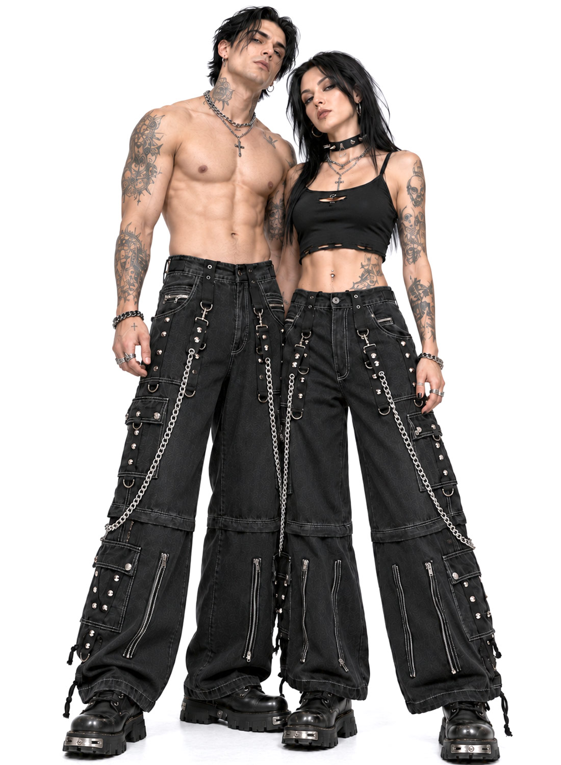 Fra The Abyss Pants Black - Sorte baggy gotiske denimbukser med metalkæder, nitter, stropper og aftagelige bukseben.