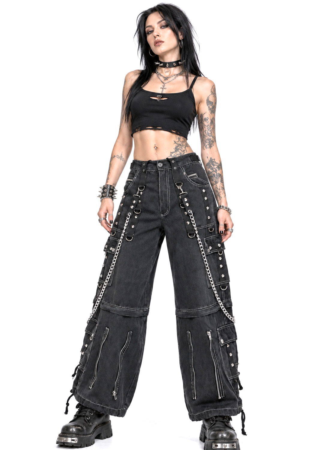 Fra The Abyss Pants Black - Sorte baggy gotiske denimbukser med metalkæder, nitter, stropper og aftagelige bukseben.