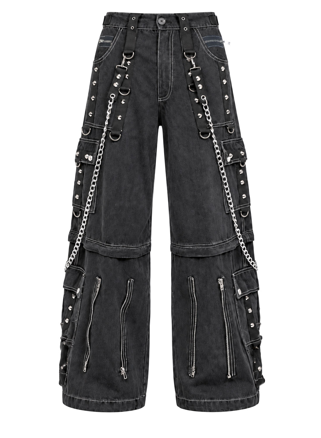 Fra The Abyss Pants Black - Sorte baggy gotiske denimbukser med metalkæder, nitter, stropper og aftagelige bukseben.